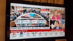 Nach Wählerbefragung nach Urnengang: die Sitzverteilubg. Es würde mit SYRIZA und PASOK glatt zur Regierungsbildubg reichen. 